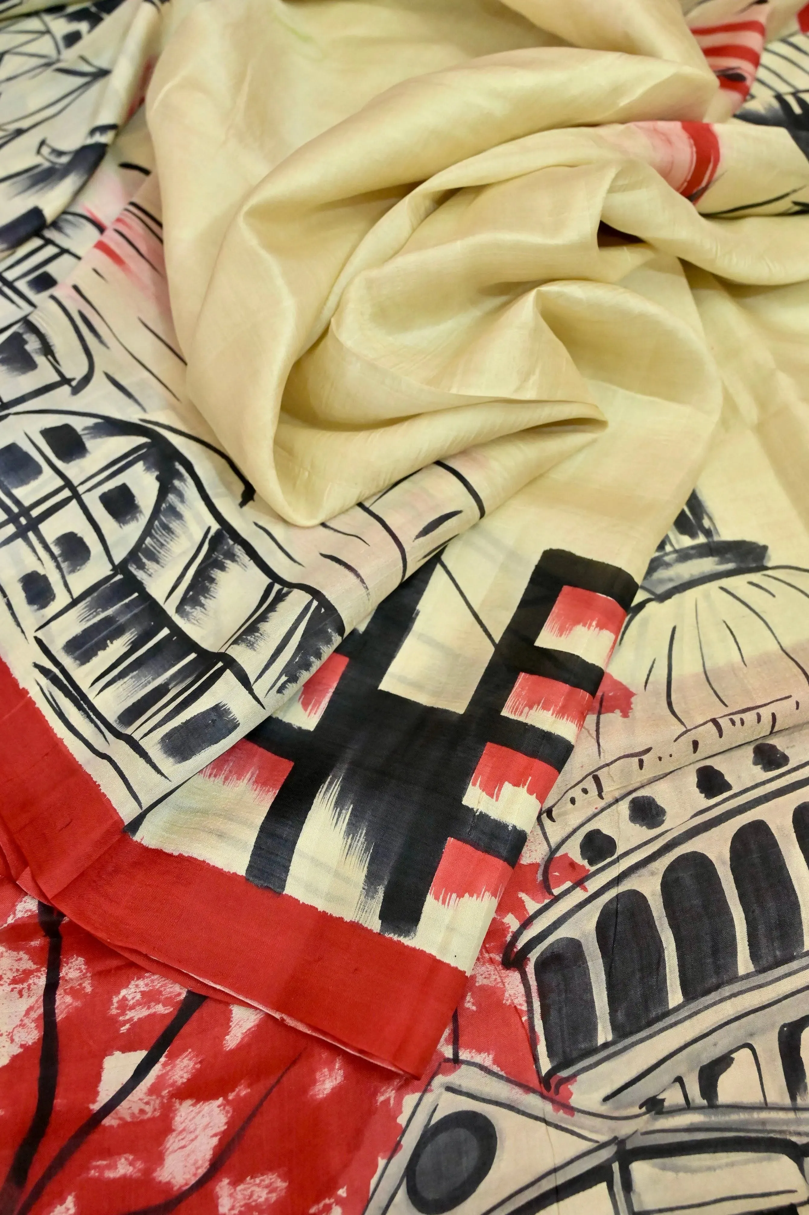 Offwhite Color Pure Bishnupuri Silk with Hand Painted Kolkata City Theme