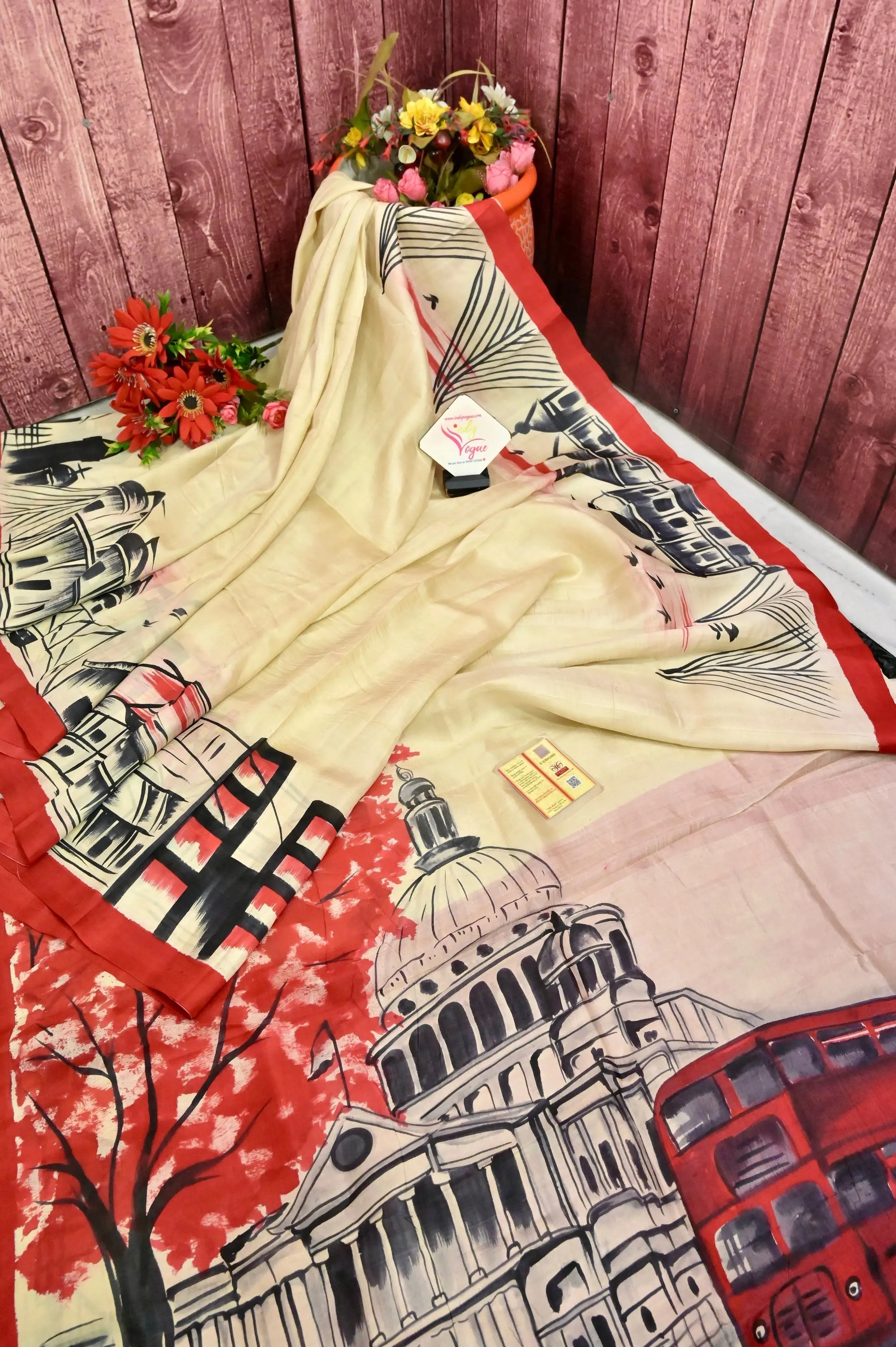 Offwhite Color Pure Bishnupuri Silk with Hand Painted Kolkata City Theme