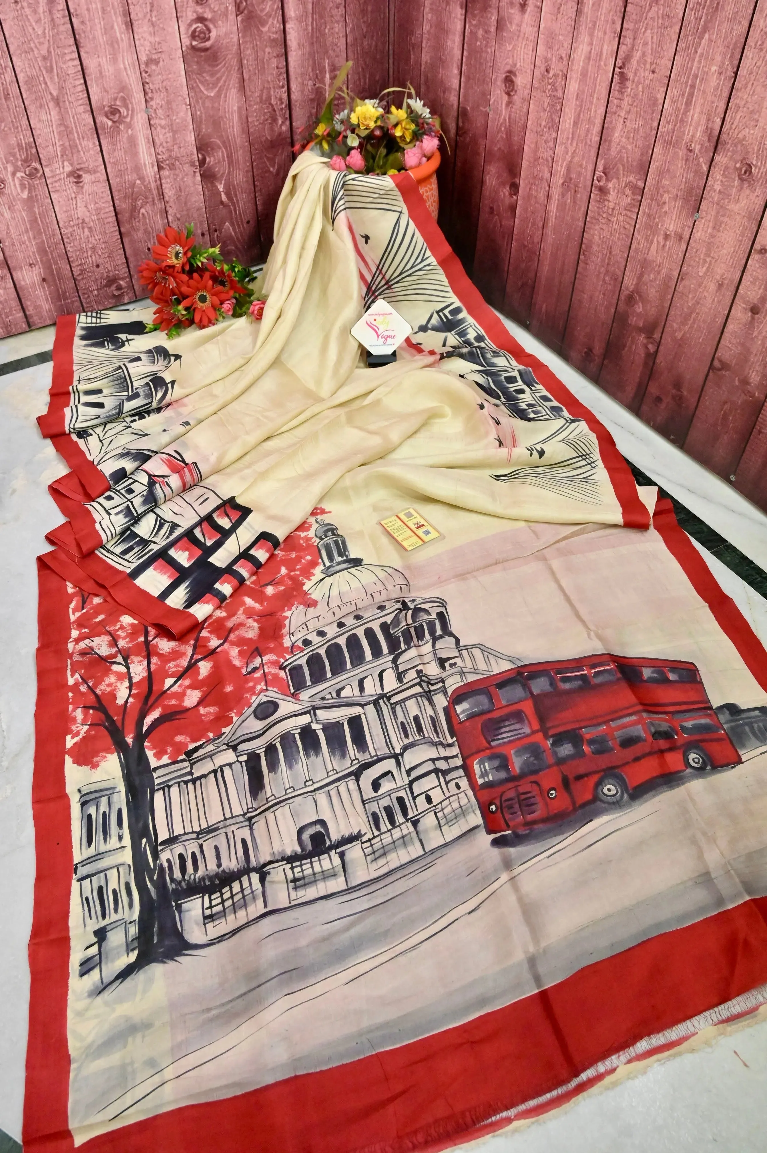 Offwhite Color Pure Bishnupuri Silk with Hand Painted Kolkata City Theme