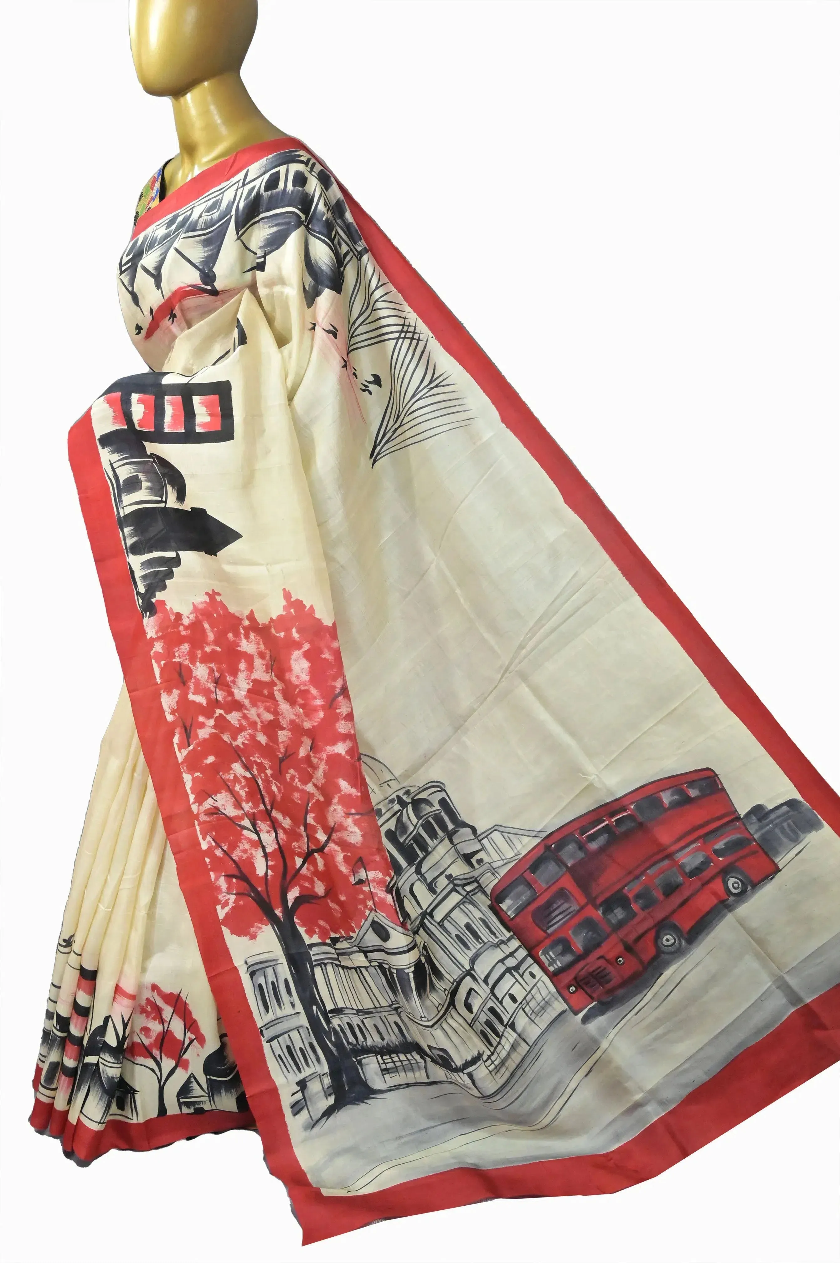 Offwhite Color Pure Bishnupuri Silk with Hand Painted Kolkata City Theme