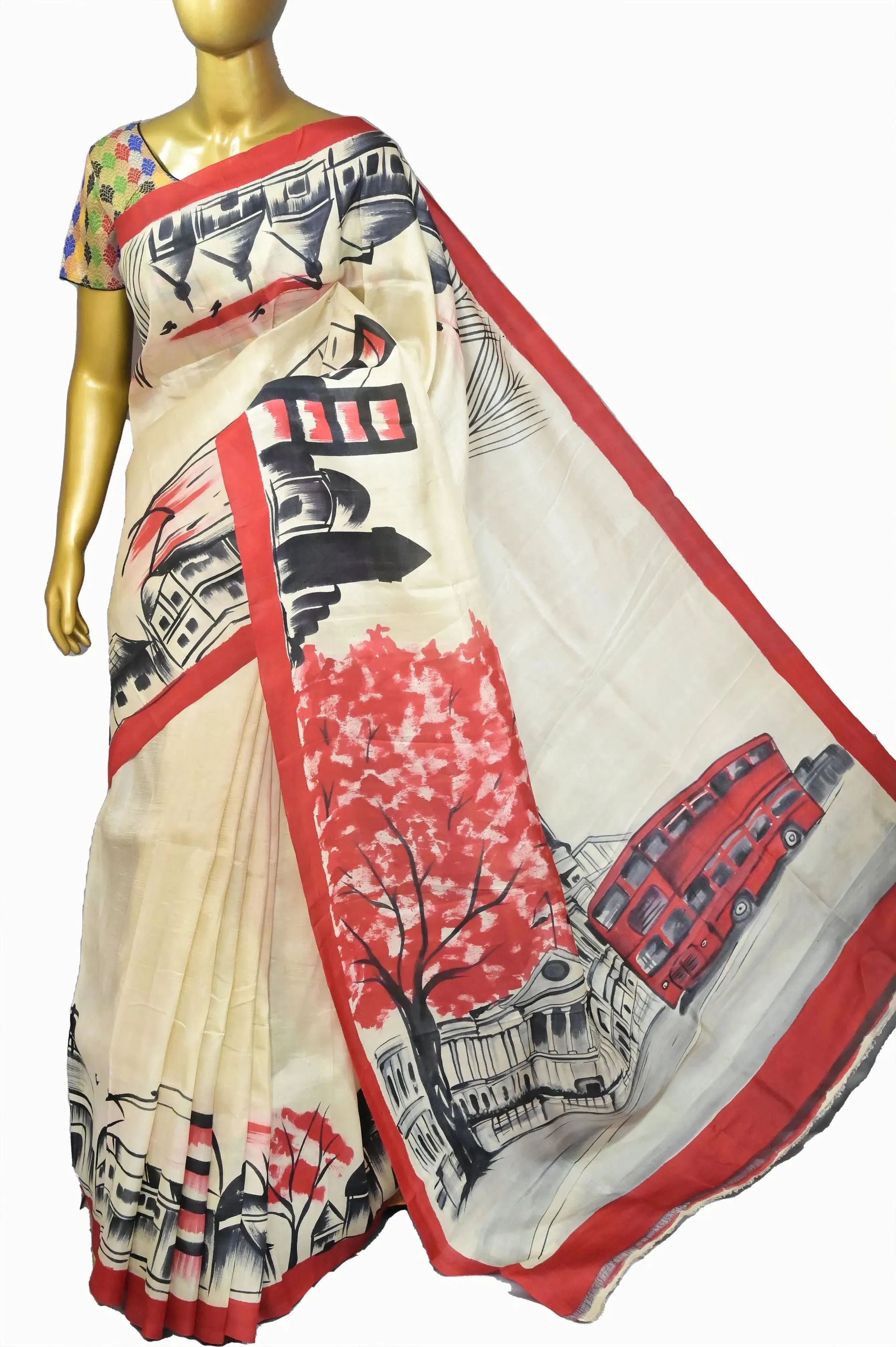 Offwhite Color Pure Bishnupuri Silk with Hand Painted Kolkata City Theme