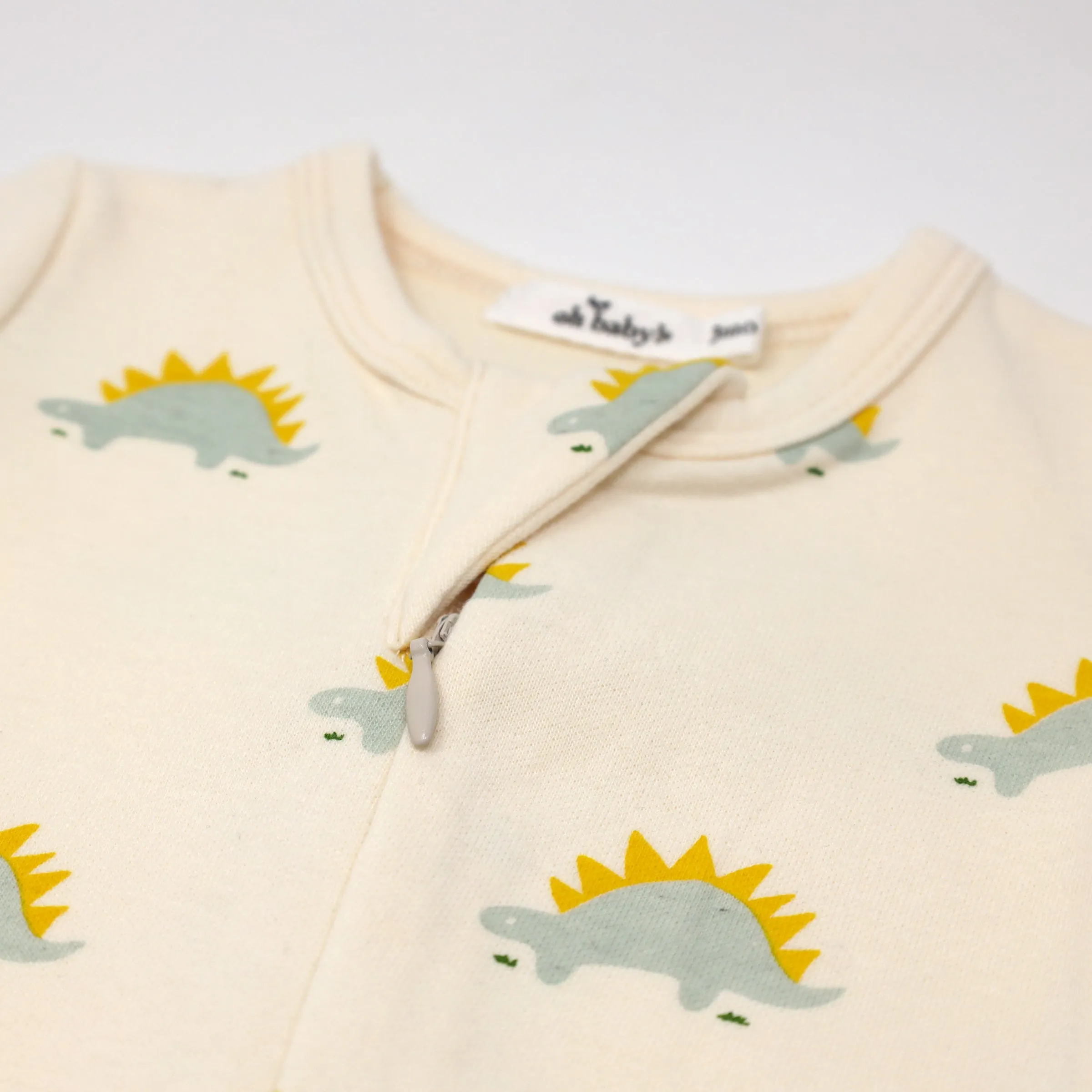 oh baby! Baby Rib Zipper Footie - Mist Stegosaurus Print - Vanilla