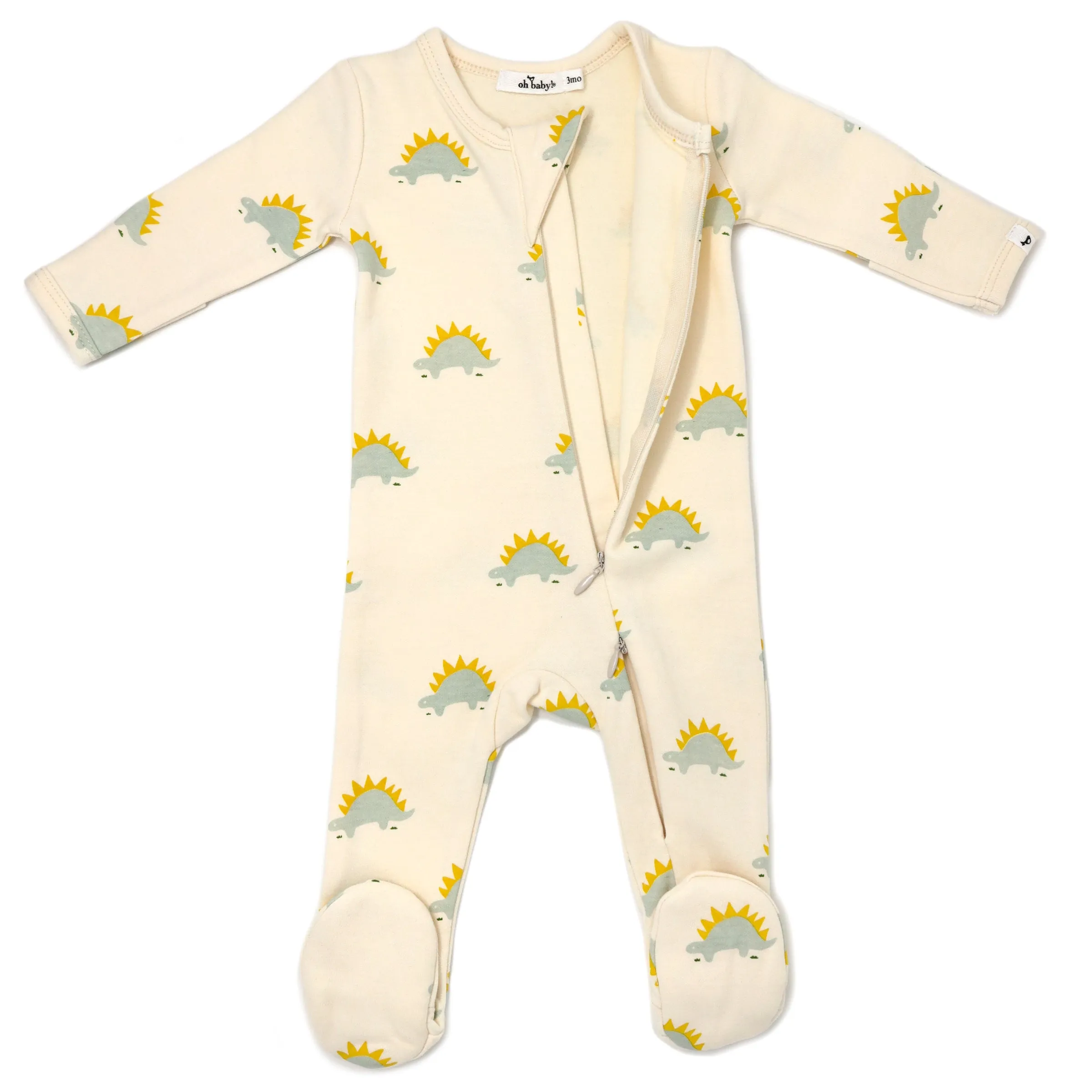 oh baby! Baby Rib Zipper Footie - Mist Stegosaurus Print - Vanilla