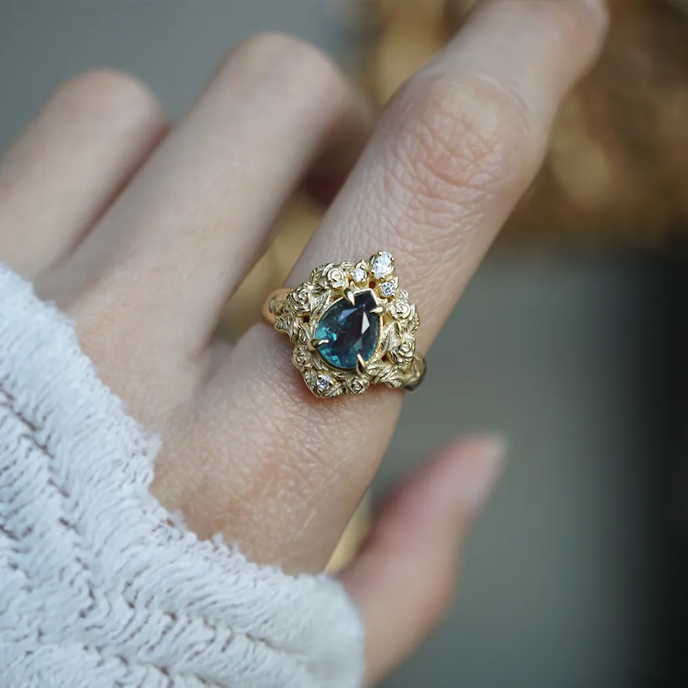 One Of A Kind: Pear Alexandrite Heart Rosy Diamond Ring in 14K and 18K Gold