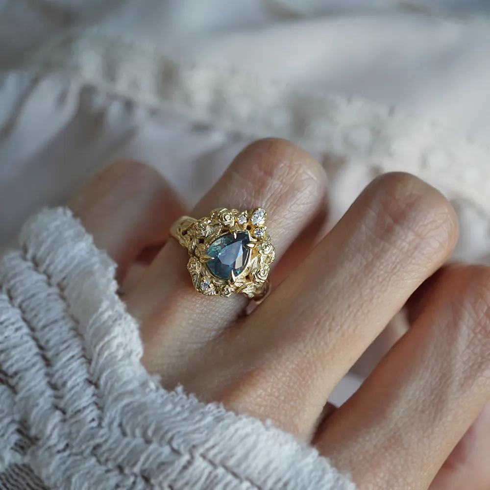 One Of A Kind: Pear Alexandrite Heart Rosy Diamond Ring in 14K and 18K Gold