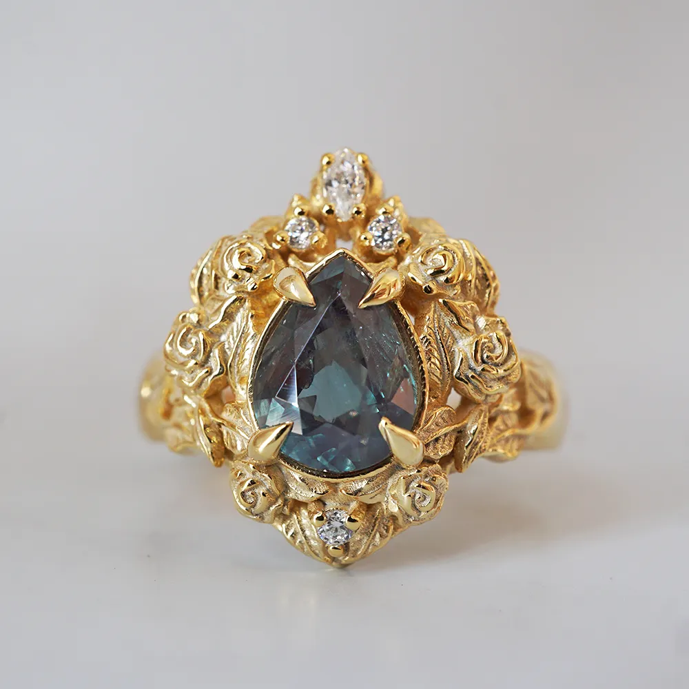 One Of A Kind: Pear Alexandrite Heart Rosy Diamond Ring in 14K and 18K Gold