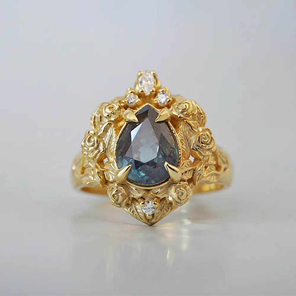 One Of A Kind: Pear Alexandrite Heart Rosy Diamond Ring in 14K and 18K Gold