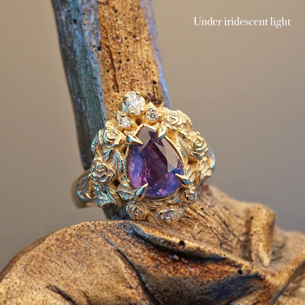 One Of A Kind: Pear Alexandrite Heart Rosy Diamond Ring in 14K and 18K Gold