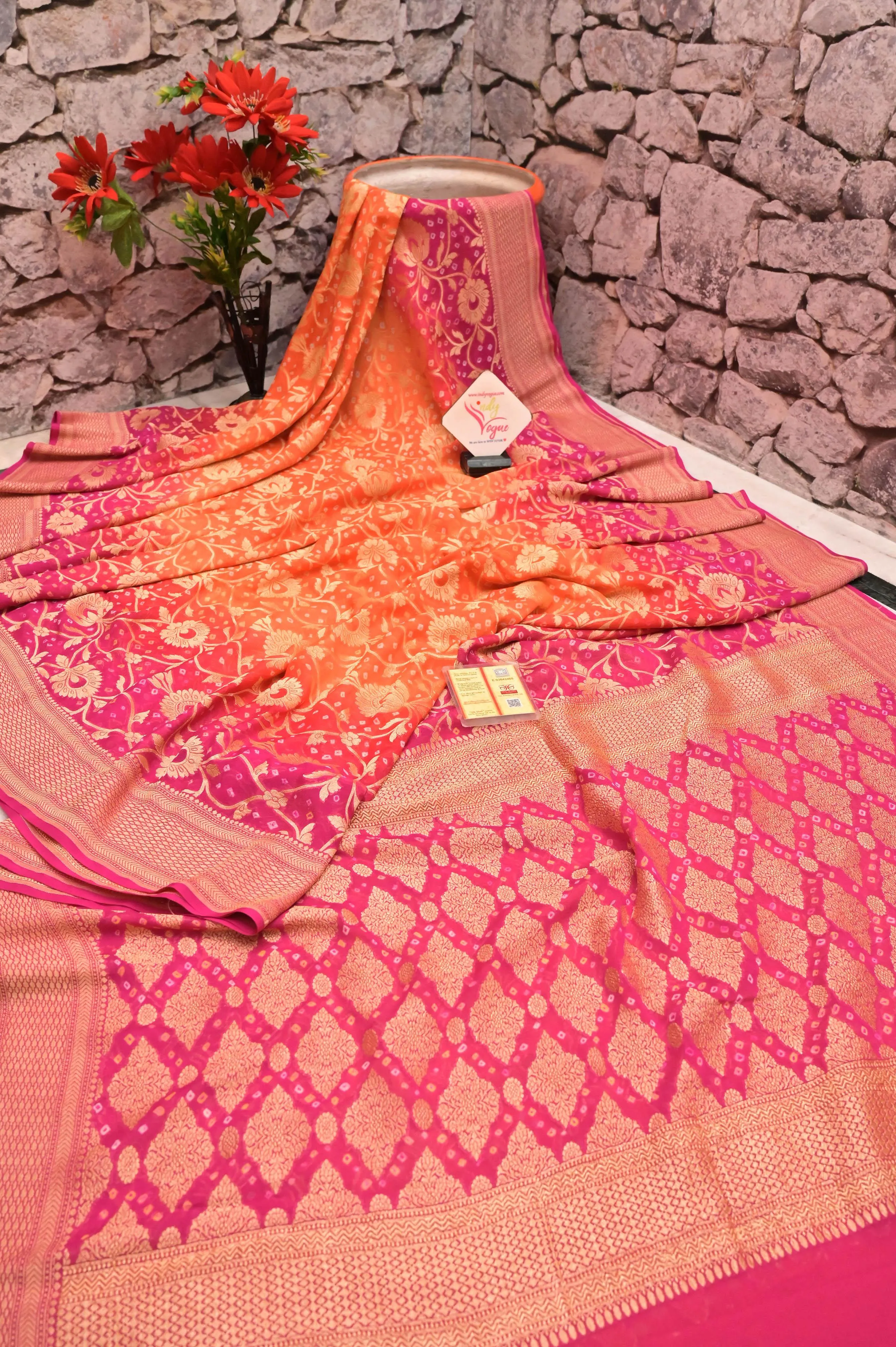 Orange and French Pink Color Khaddi Georgette Banarasi with Neem Zari & Hand Bandhani