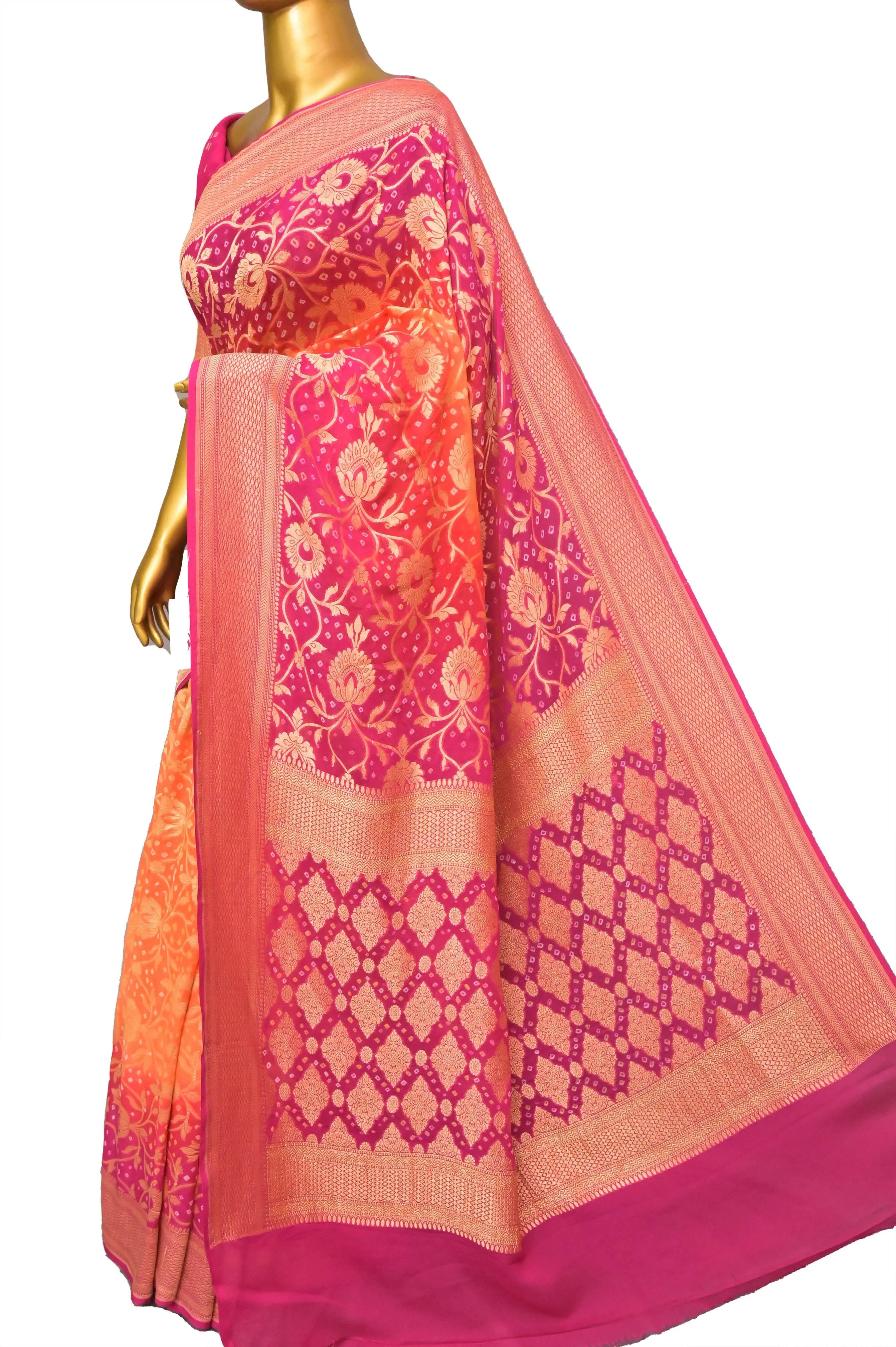 Orange and French Pink Color Khaddi Georgette Banarasi with Neem Zari & Hand Bandhani