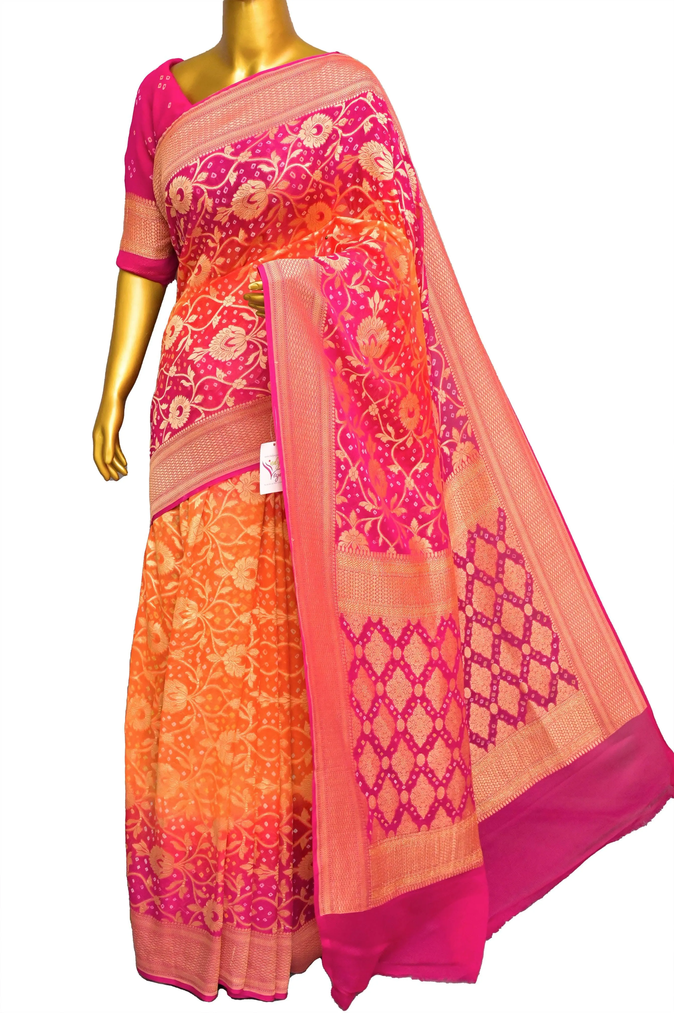 Orange and French Pink Color Khaddi Georgette Banarasi with Neem Zari & Hand Bandhani