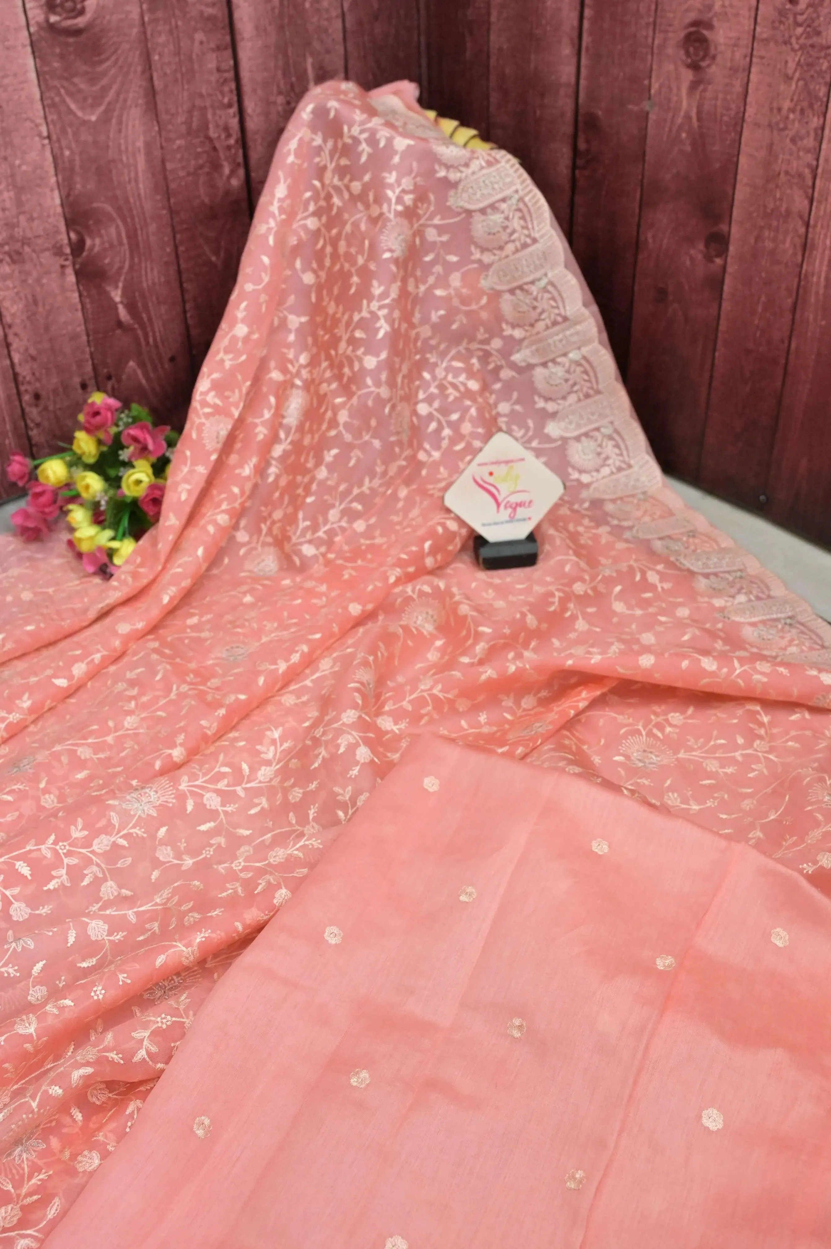 Peach Color Pure Kora Organza Silk Saree with Allover Work