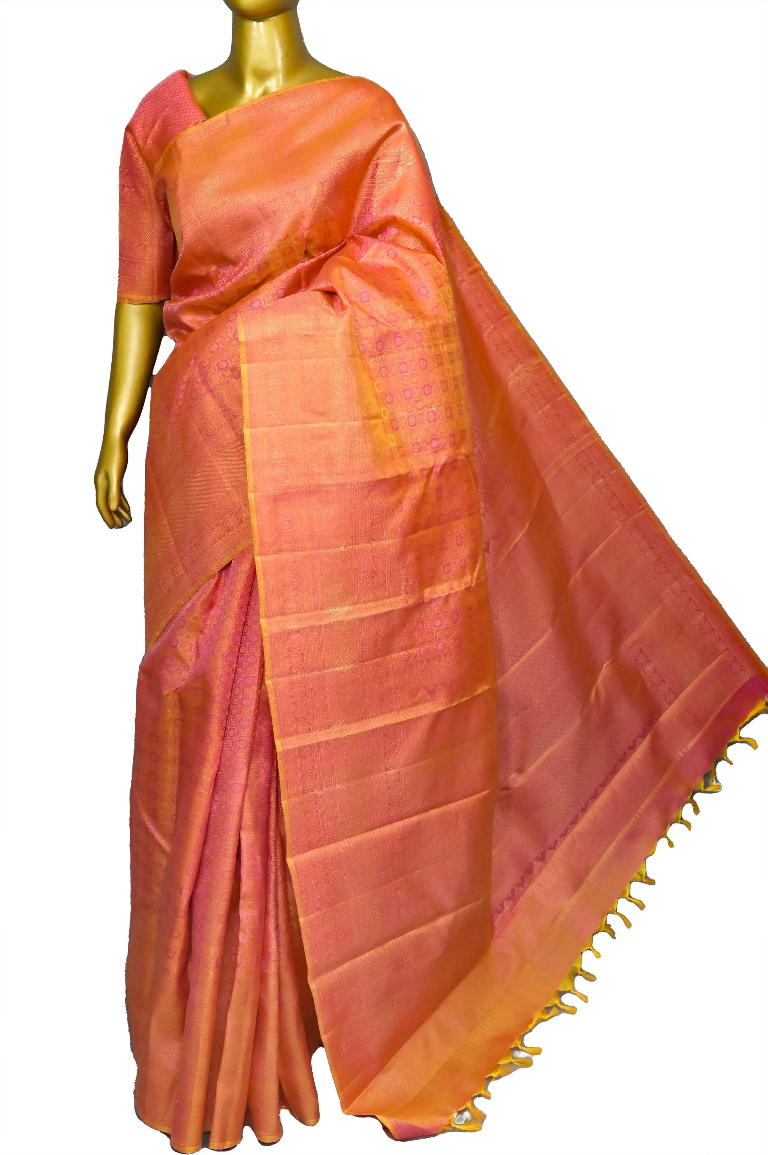 Pink and Peach Dual Tone Color Kanjeevaram Silk Saree with Pure Gold Zari Self-Weaving