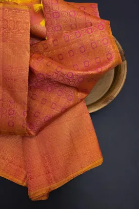 Pink and Peach Dual Tone Color Kanjeevaram Silk Saree with Pure Gold Zari Self-Weaving