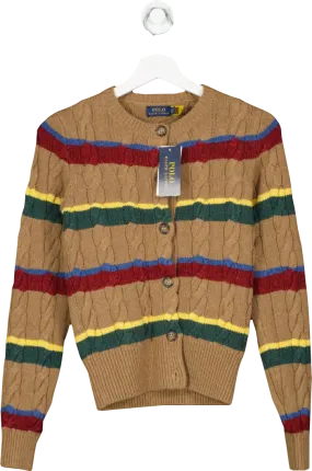 Polo Ralph Lauren Dark Beige Striped Cotton/wool Blend Striped Cable Knit Cardigan Bnwt UK XXS