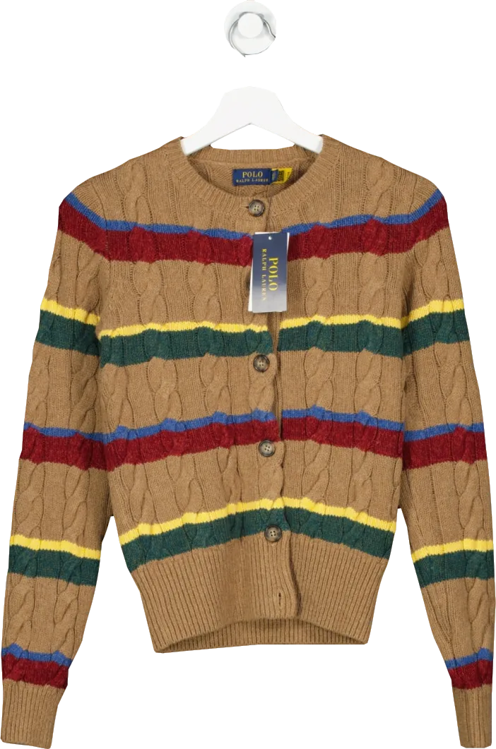 Polo Ralph Lauren Dark Beige Striped Cotton/wool Blend Striped Cable Knit Cardigan Bnwt UK XXS