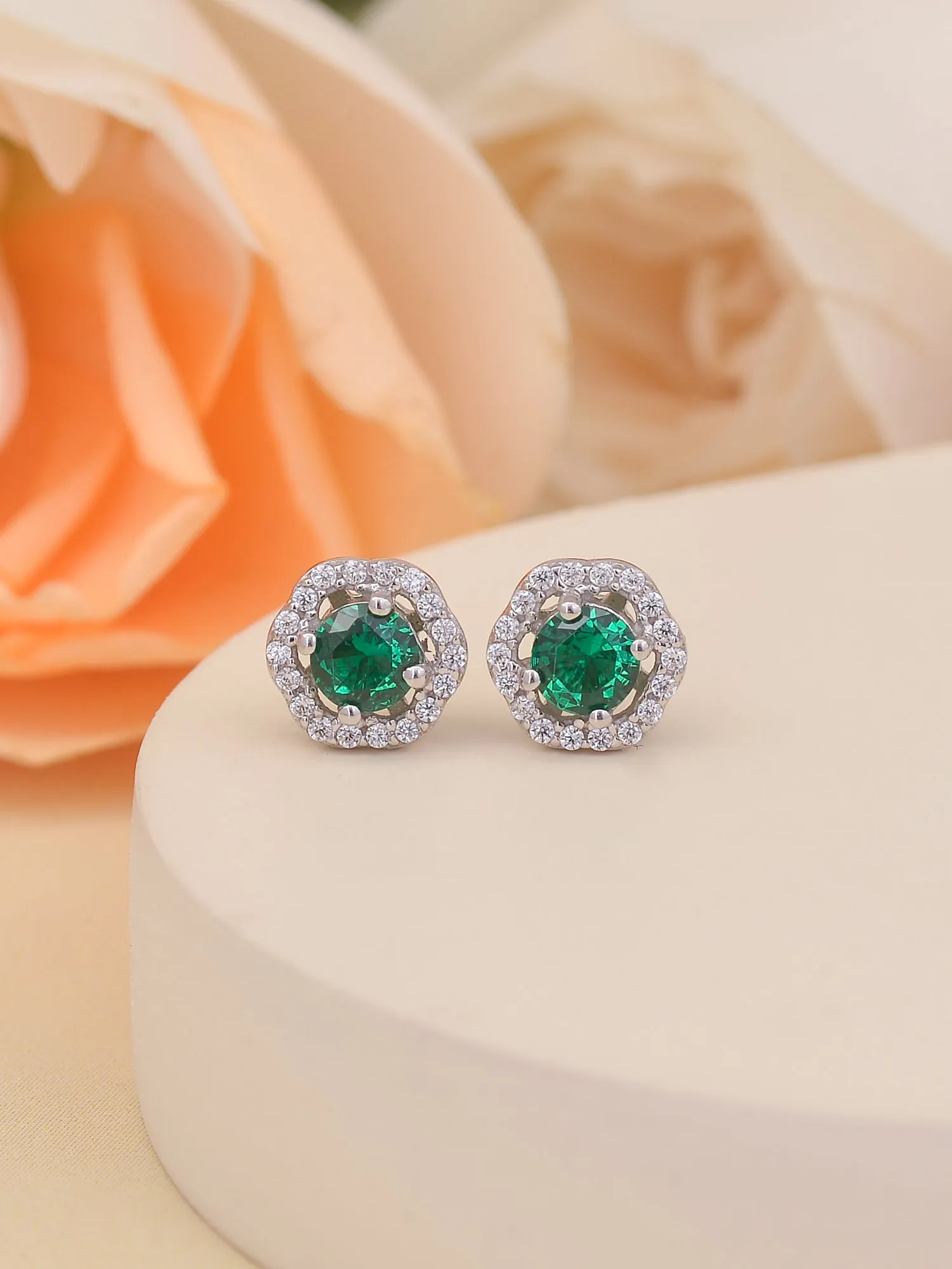 Pure 925 Silver Studded Emerald Earrings For Women