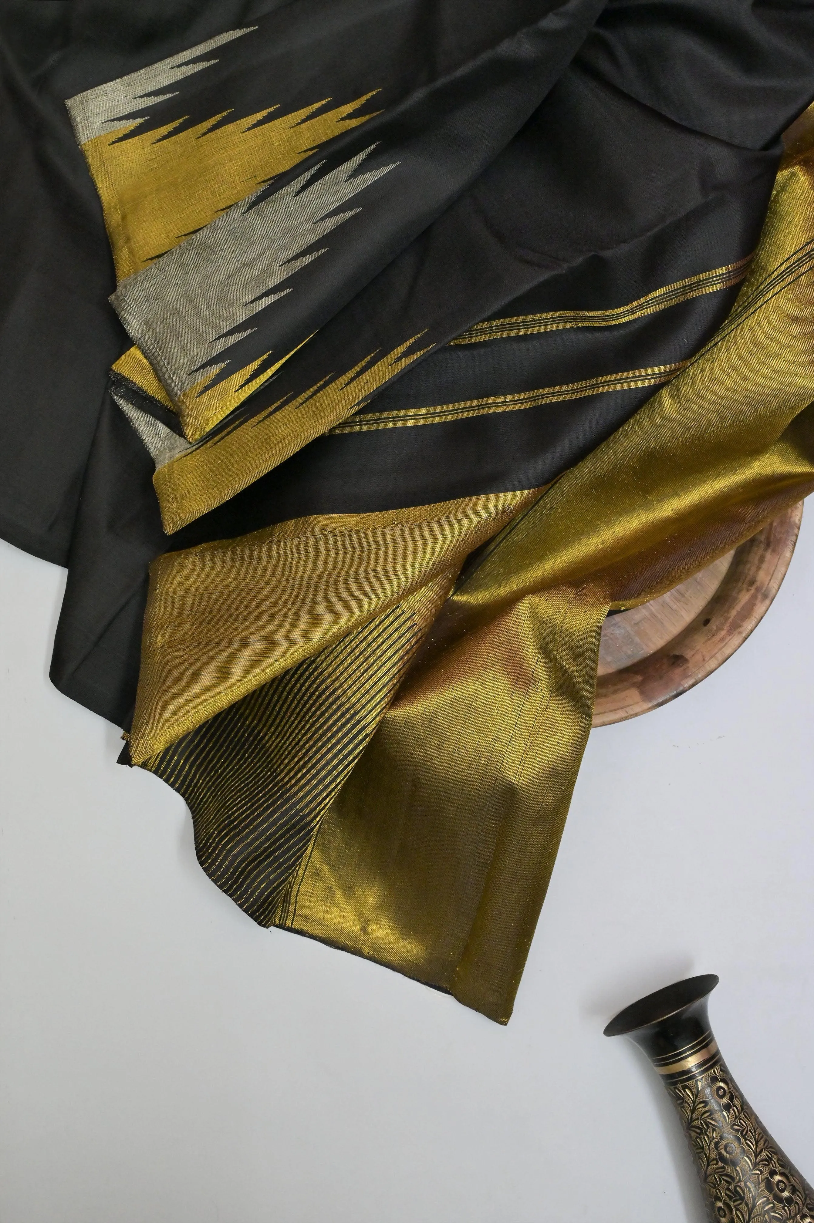 Pure Black Color Kanjeevaram Silk Saree with Golden and Silver Temple Border