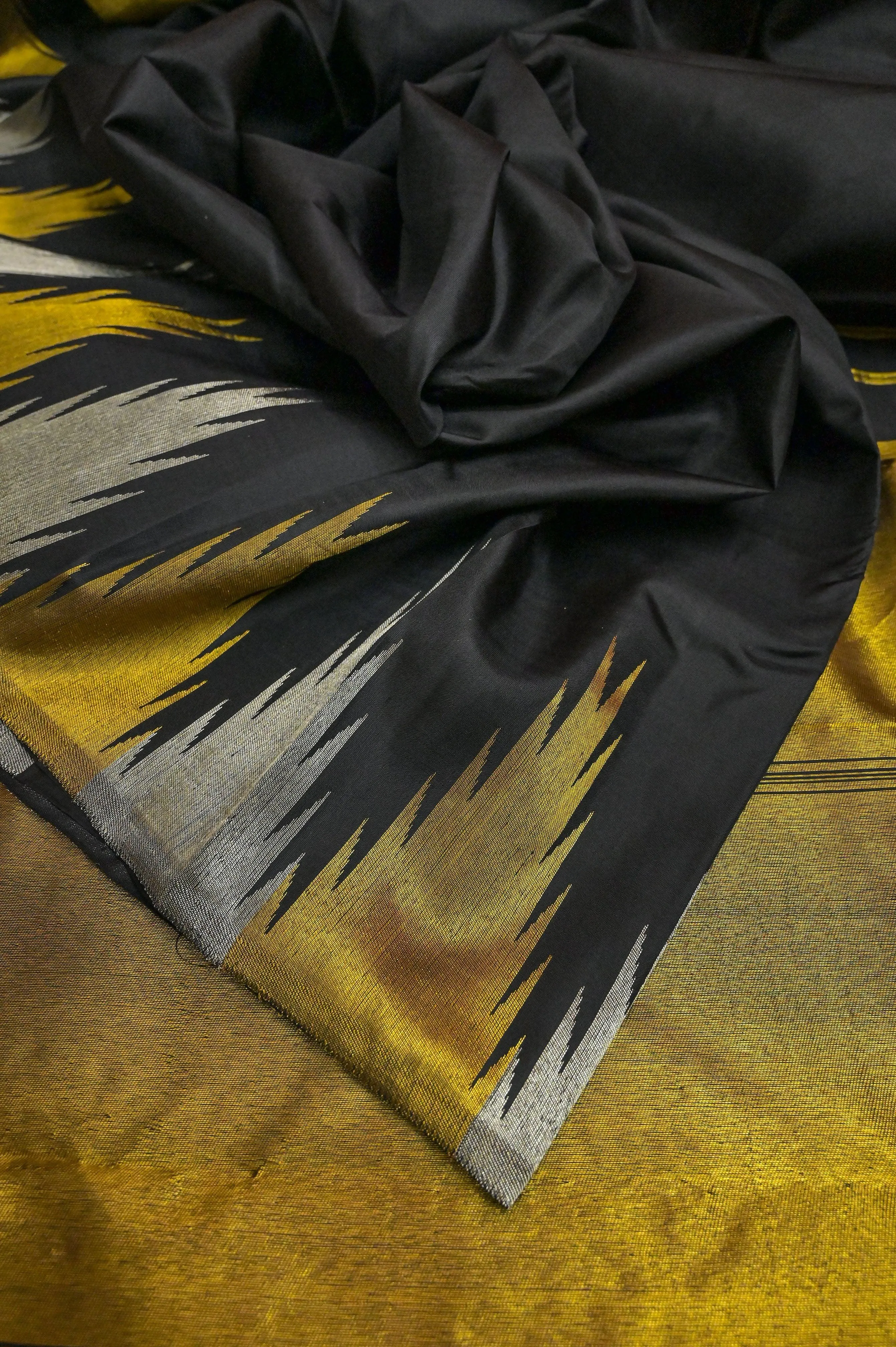 Pure Black Color Kanjeevaram Silk Saree with Golden and Silver Temple Border