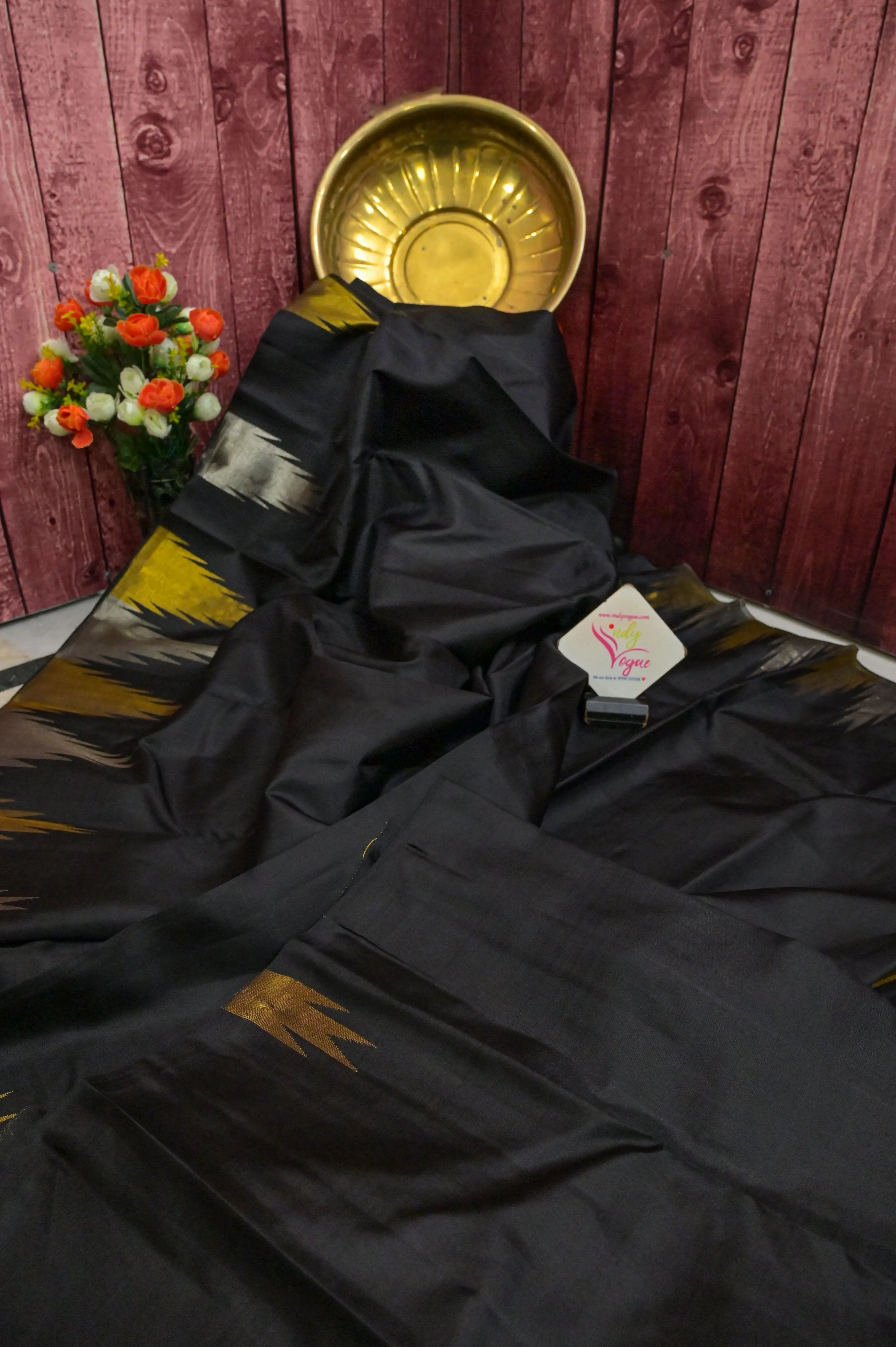 Pure Black Color Kanjeevaram Silk Saree with Golden and Silver Temple Border