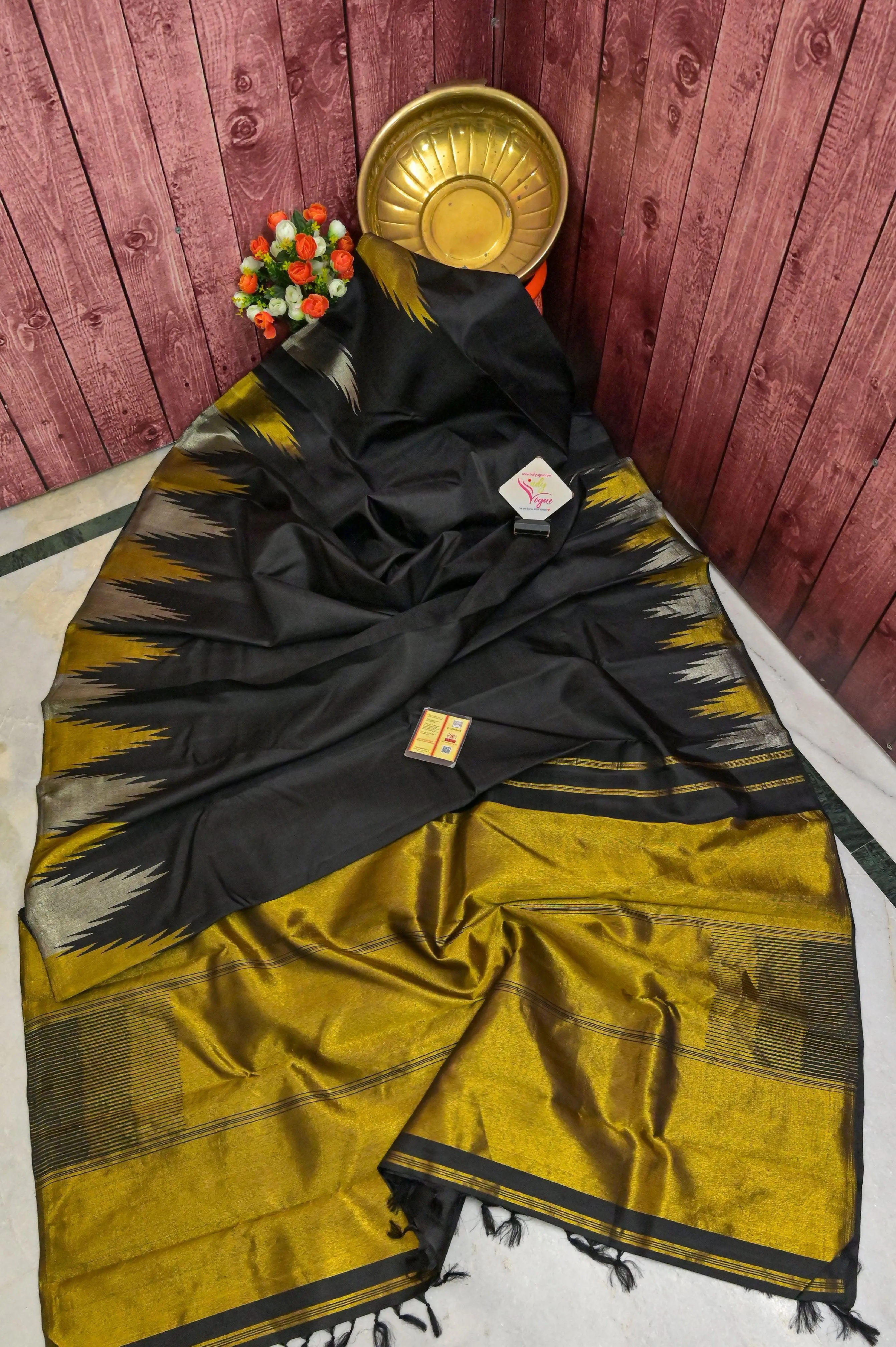 Pure Black Color Kanjeevaram Silk Saree with Golden and Silver Temple Border