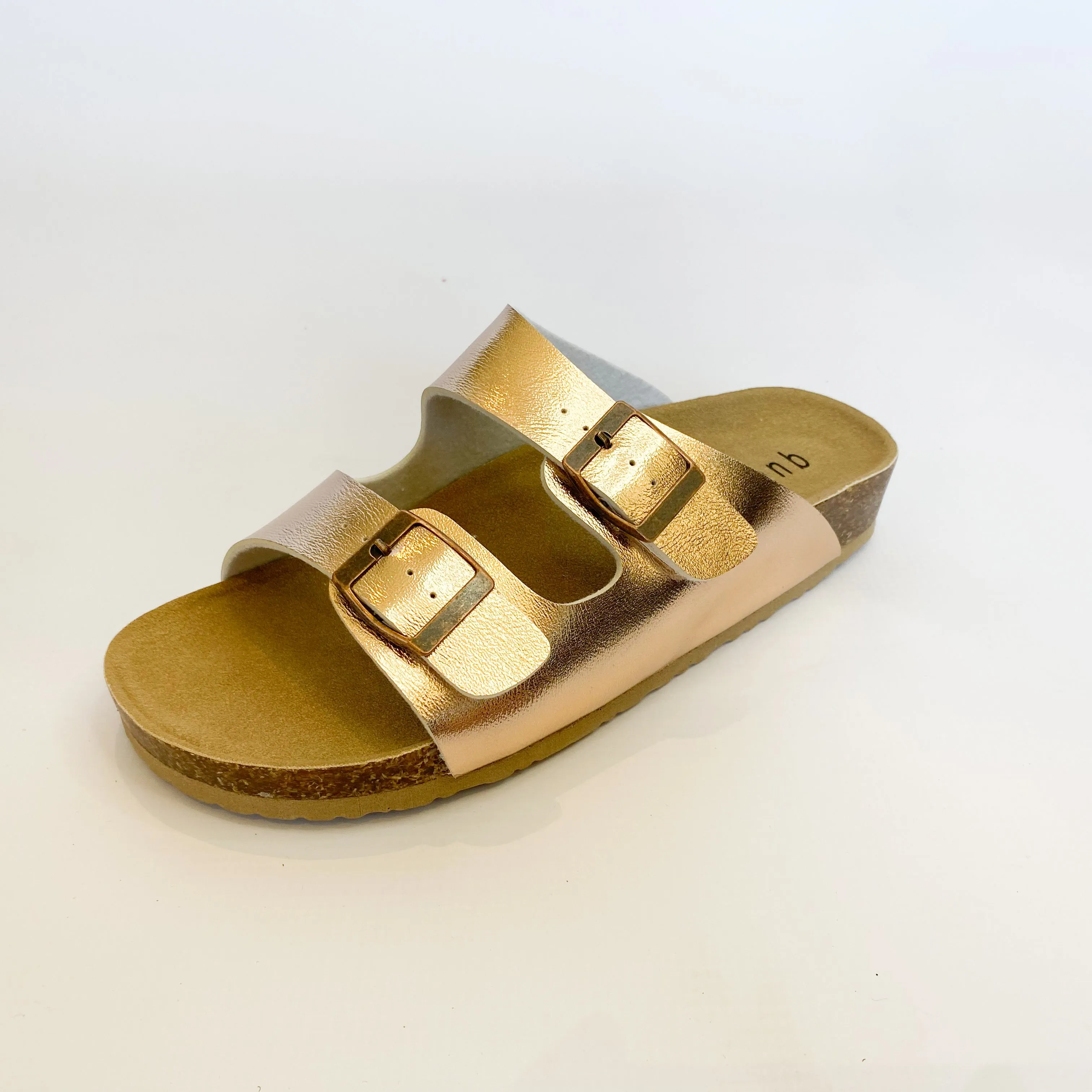 Queue rose gold double buckle slip on sandal