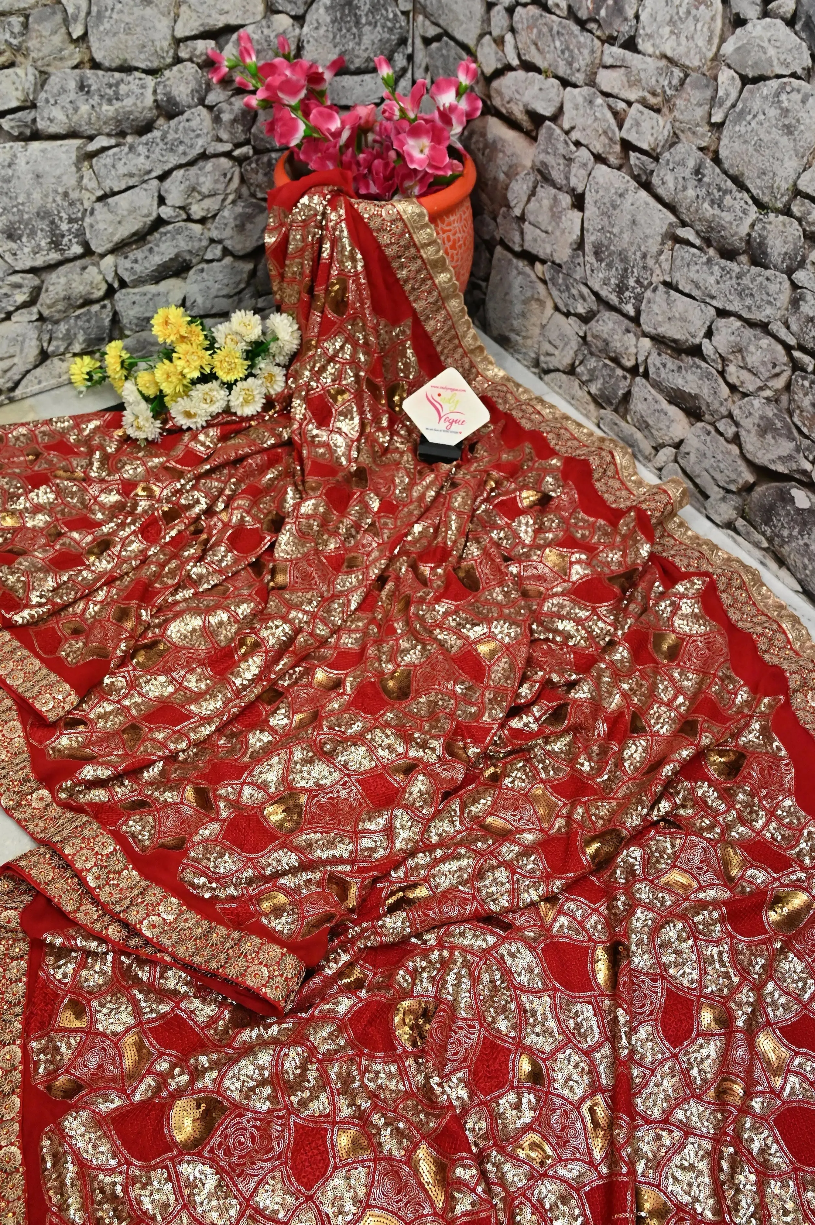 Red Color Designer Khaddi  Georgette Saree with Golden Sequin Work