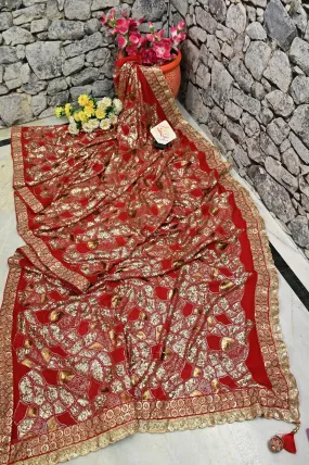 Red Color Designer Khaddi  Georgette Saree with Golden Sequin Work