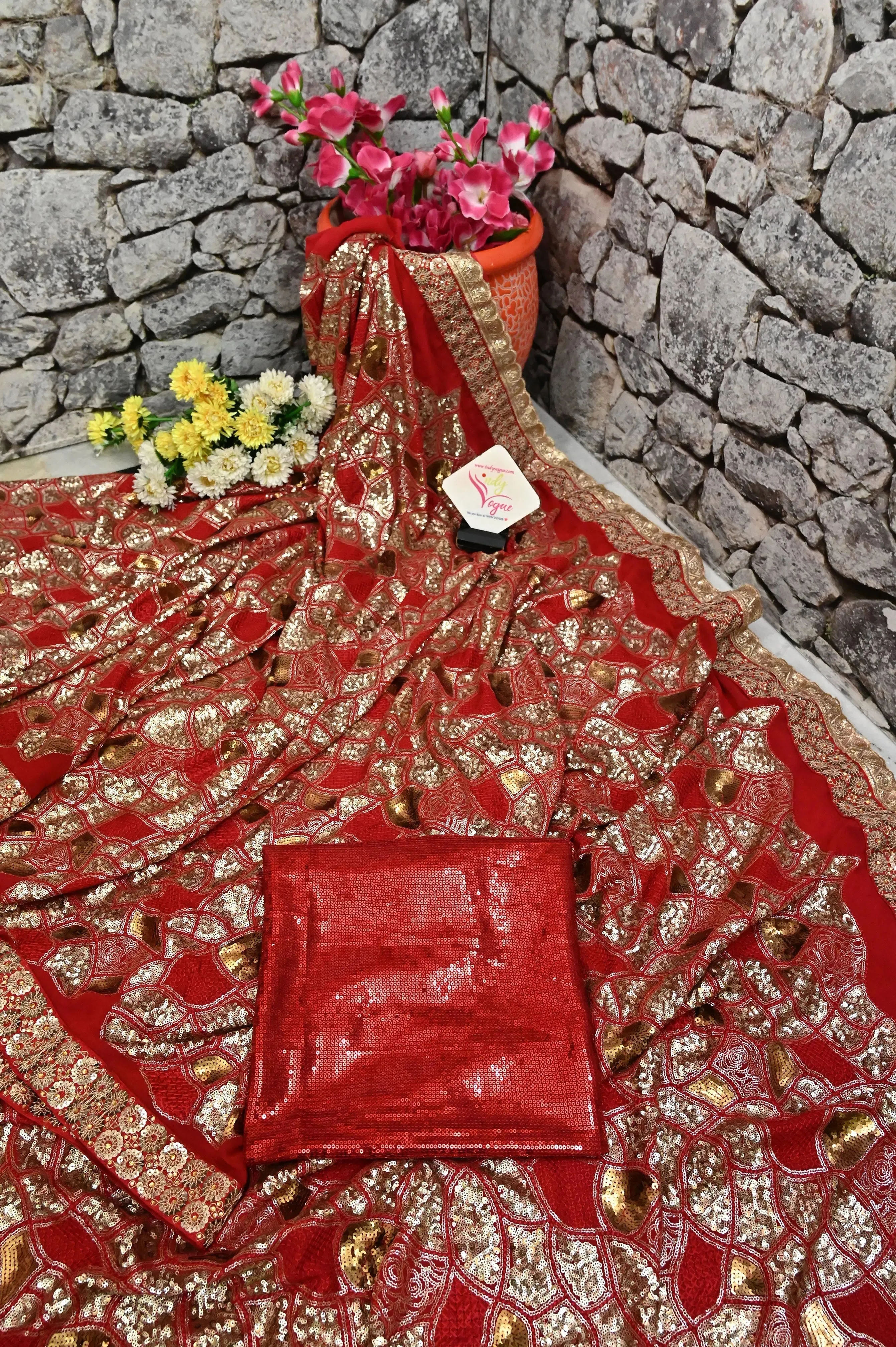 Red Color Designer Khaddi  Georgette Saree with Golden Sequin Work