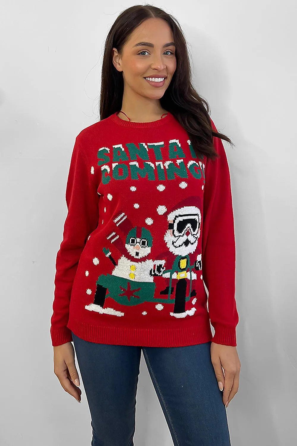 Red Santa Is Coming Slogan Christmas Pullover