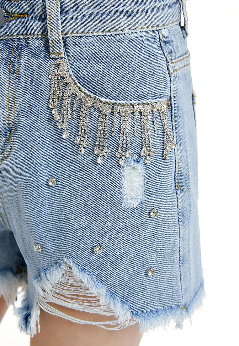 Rhinestone Rugged Denim Shorts