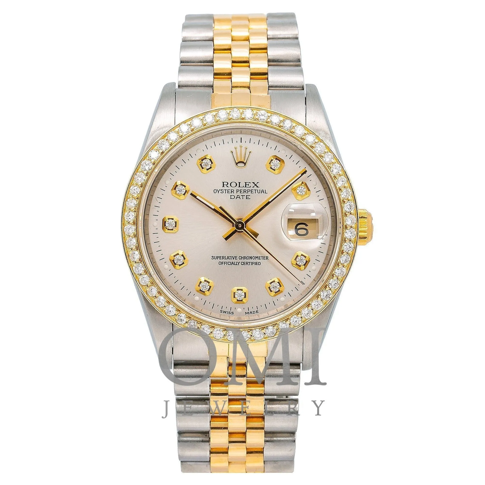 Rolex Date 15203 34MM Silver Diamond Dial With Two Tone Jubilee Bracelet