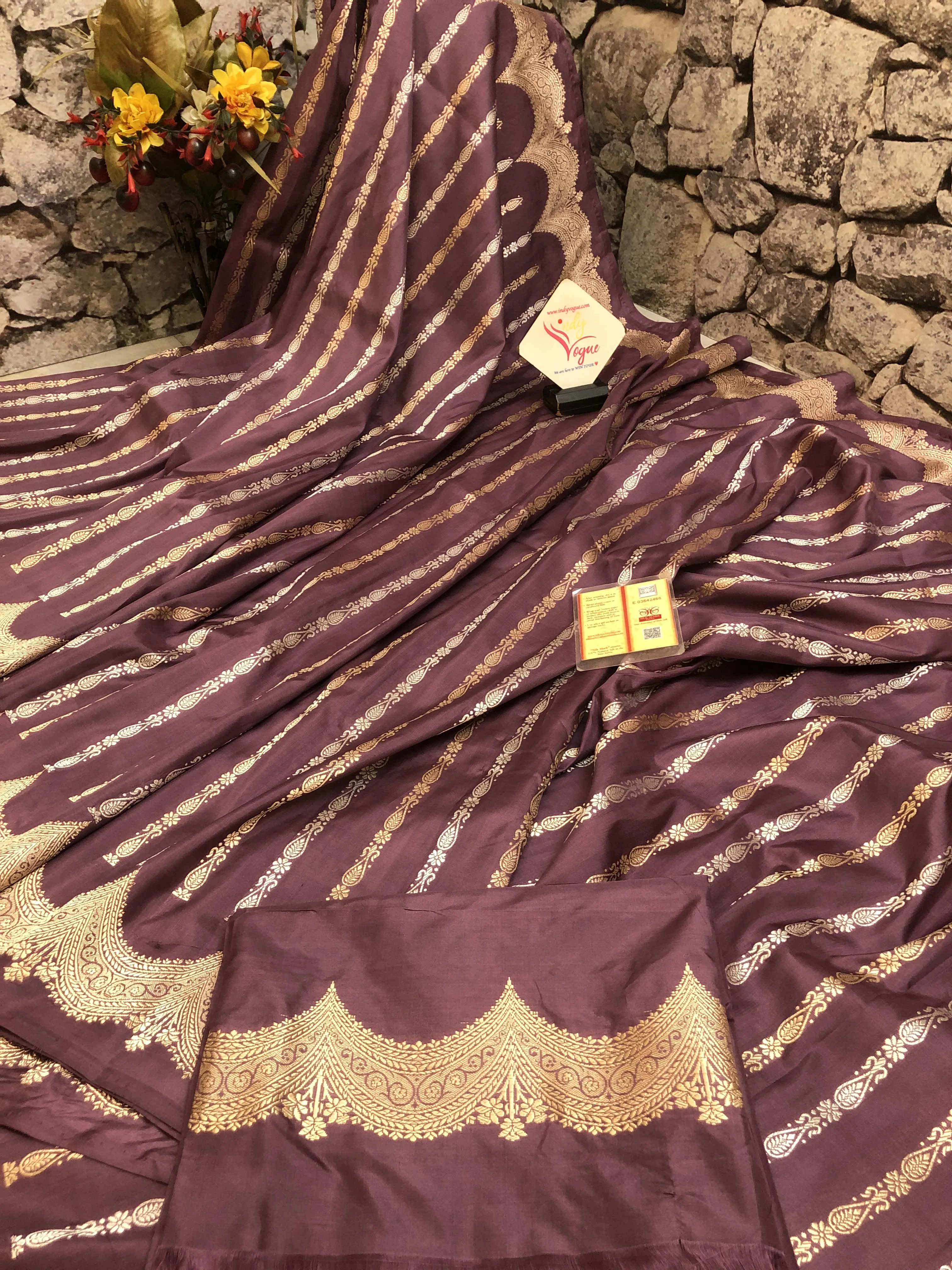 Rosy Brown Color Pure Katan Banarasi Saree with Silver & Golden Zari Work