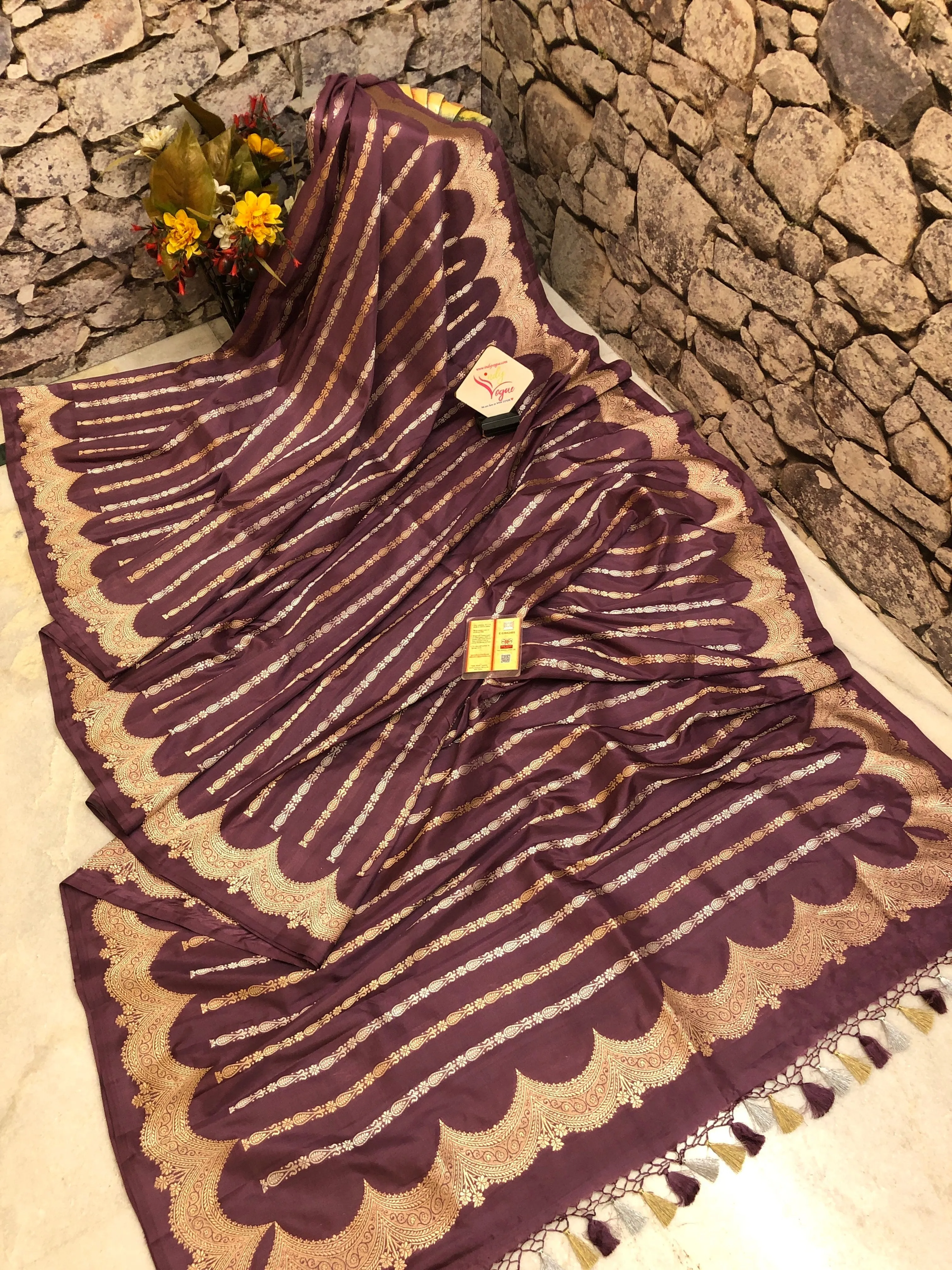 Rosy Brown Color Pure Katan Banarasi Saree with Silver & Golden Zari Work