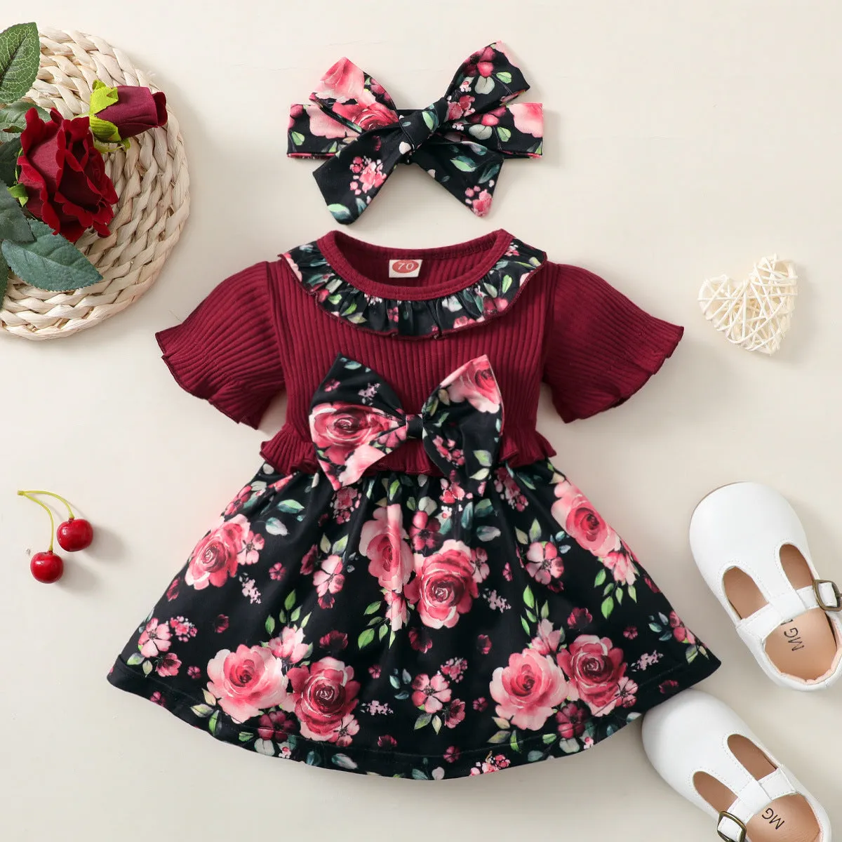 Short Sleeve One-piece Dress Baby and Child Flower Print Skirt two Piece Scarf Patchwork Skirt