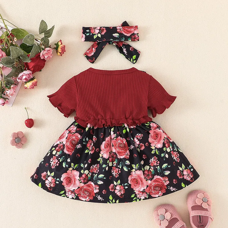 Short Sleeve One-piece Dress Baby and Child Flower Print Skirt two Piece Scarf Patchwork Skirt