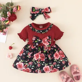 Short Sleeve One-piece Dress Baby and Child Flower Print Skirt two Piece Scarf Patchwork Skirt