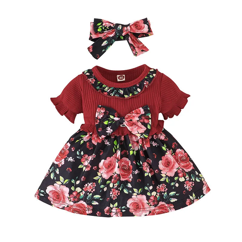 Short Sleeve One-piece Dress Baby and Child Flower Print Skirt two Piece Scarf Patchwork Skirt