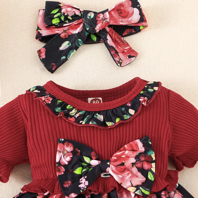 Short Sleeve One-piece Dress Baby and Child Flower Print Skirt two Piece Scarf Patchwork Skirt