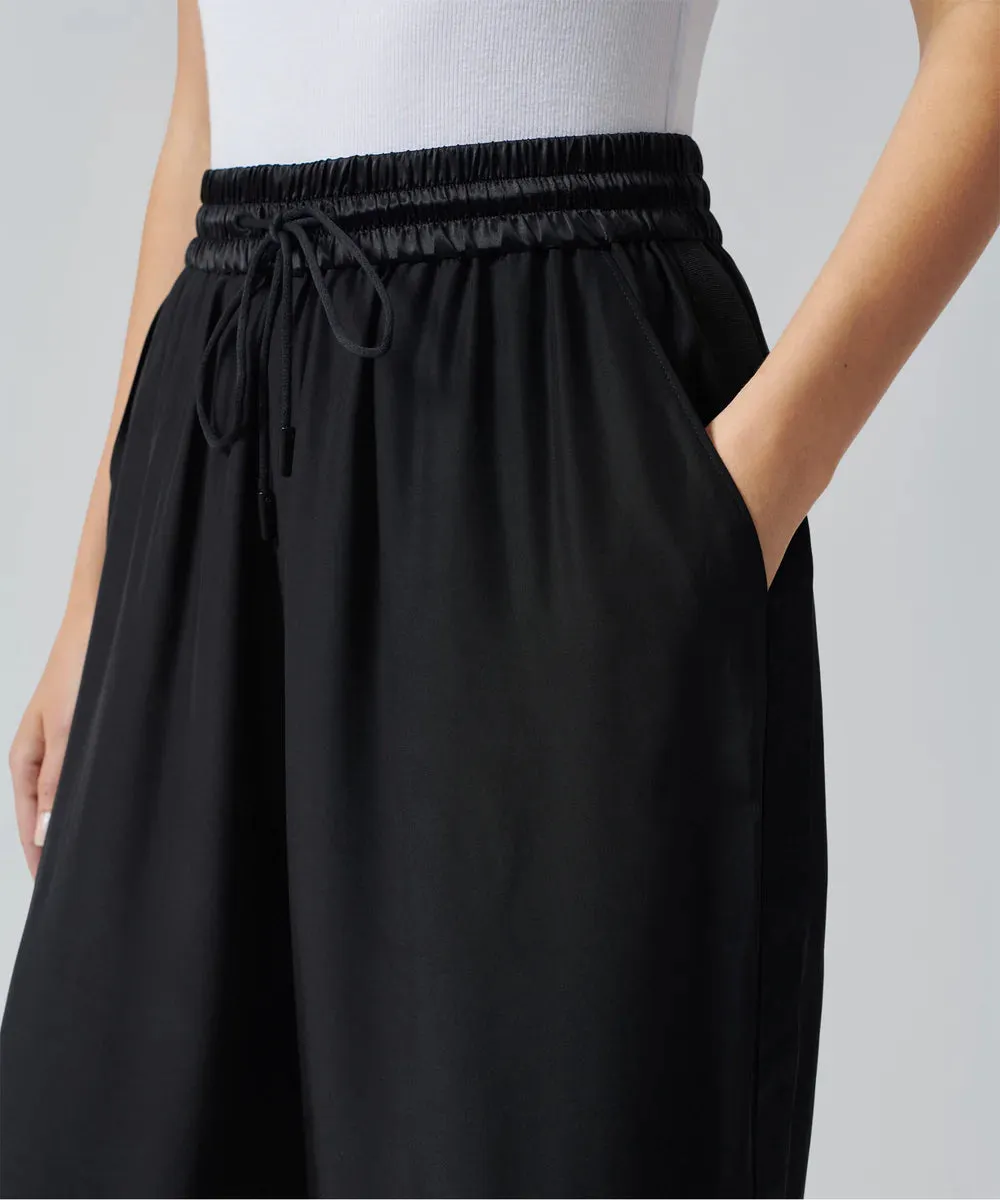 Silk Charmeuse Wide Leg Grosgrain Detail Pants - Black