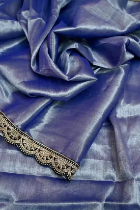 Silver Violet Color Mulmul Cotton Tissue Saree with Designer Scallop Border