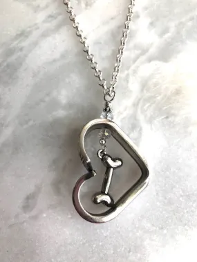 Silverware Floating Heart Dog Bone Necklace