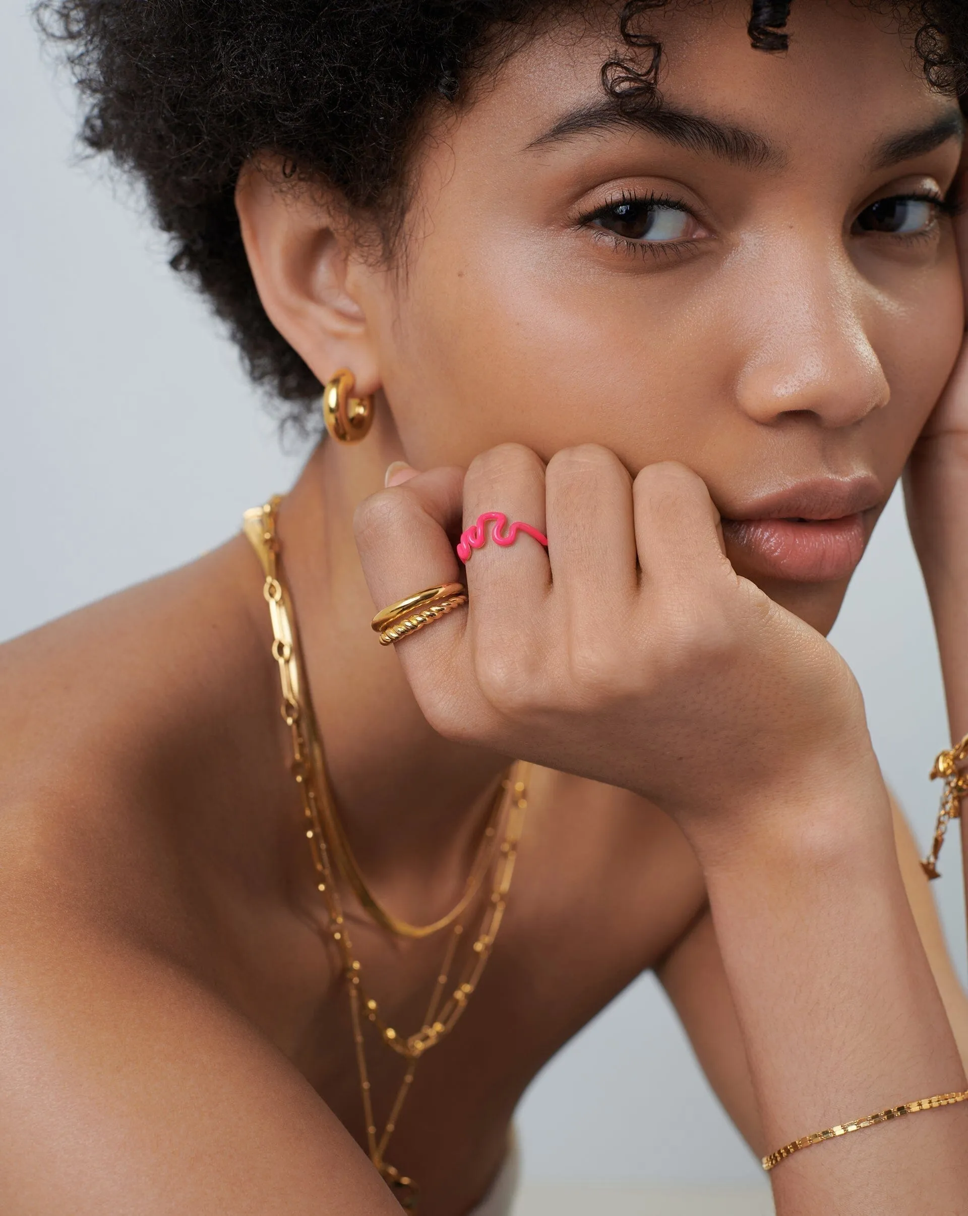 Squiggle Wavy Enamel Stacking Ring | 18ct Gold Plated Vermeil/Hot Pink