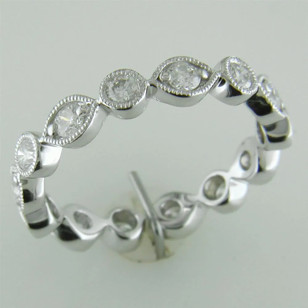 Stackable Alternating Bezel & Leaf Diamond Wedding Eternity Band Ring with Milgrain