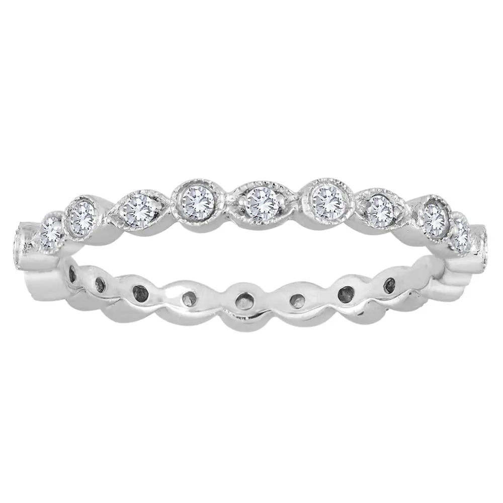 Stackable Alternating Bezel & Leaf Diamond Wedding Eternity Band Ring with Milgrain