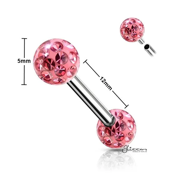 Surgical Steel Nipple Barbell with Epoxy Covered Crystal Paved Balls - Pink