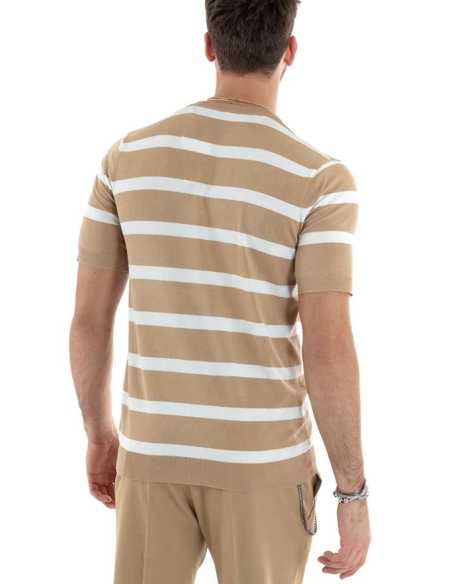 T-shirt Uomo Girocollo Filo Rigata Manica Corta Bicolore Casual Beige GIOSAL-TS2861A