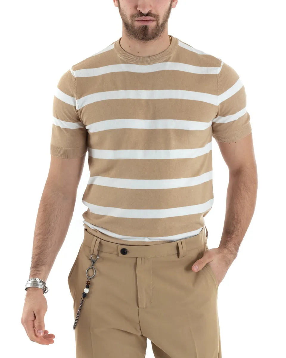 T-shirt Uomo Girocollo Filo Rigata Manica Corta Bicolore Casual Beige GIOSAL-TS2861A