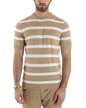 T-shirt Uomo Girocollo Filo Rigata Manica Corta Bicolore Casual Beige GIOSAL-TS2861A