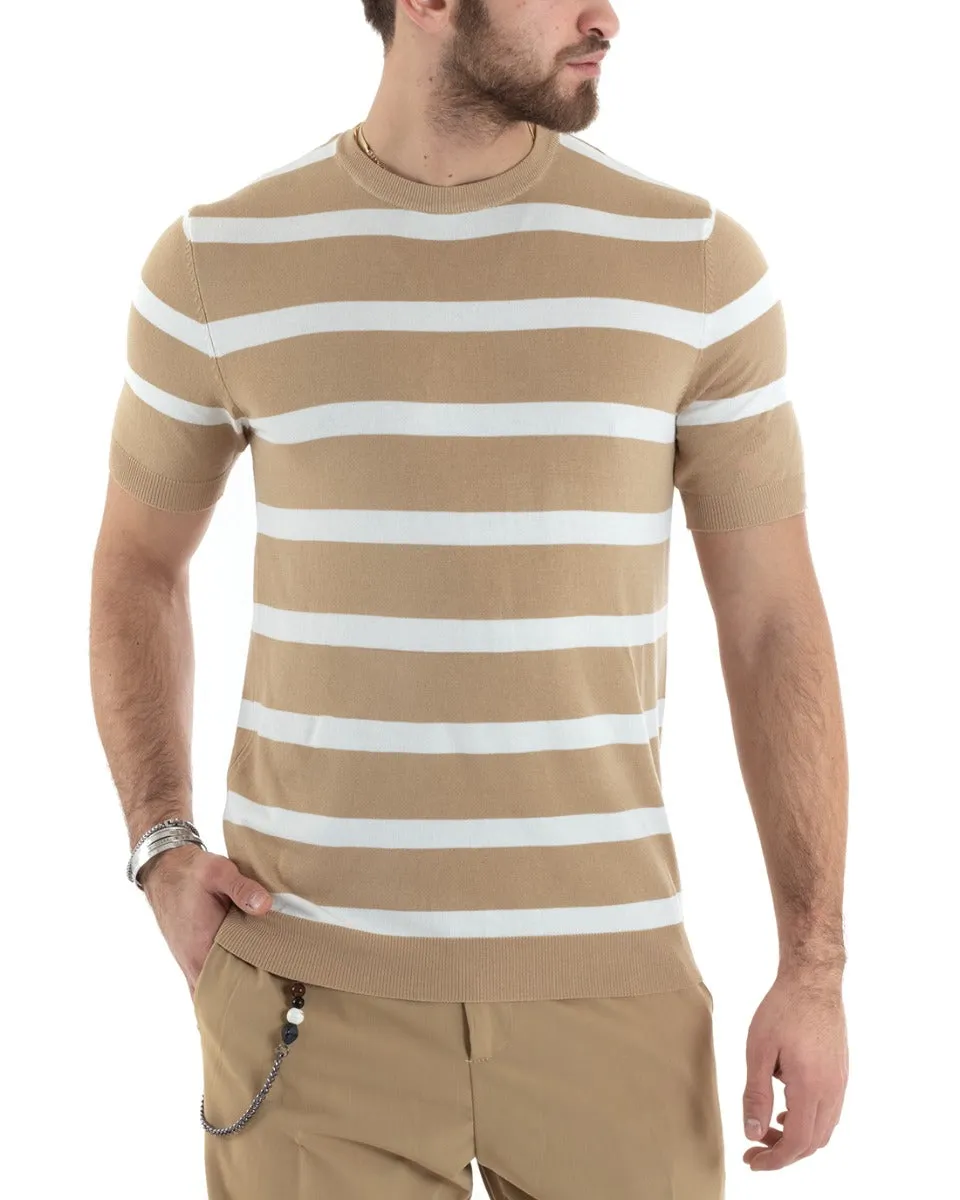 T-shirt Uomo Girocollo Filo Rigata Manica Corta Bicolore Casual Beige GIOSAL-TS2861A